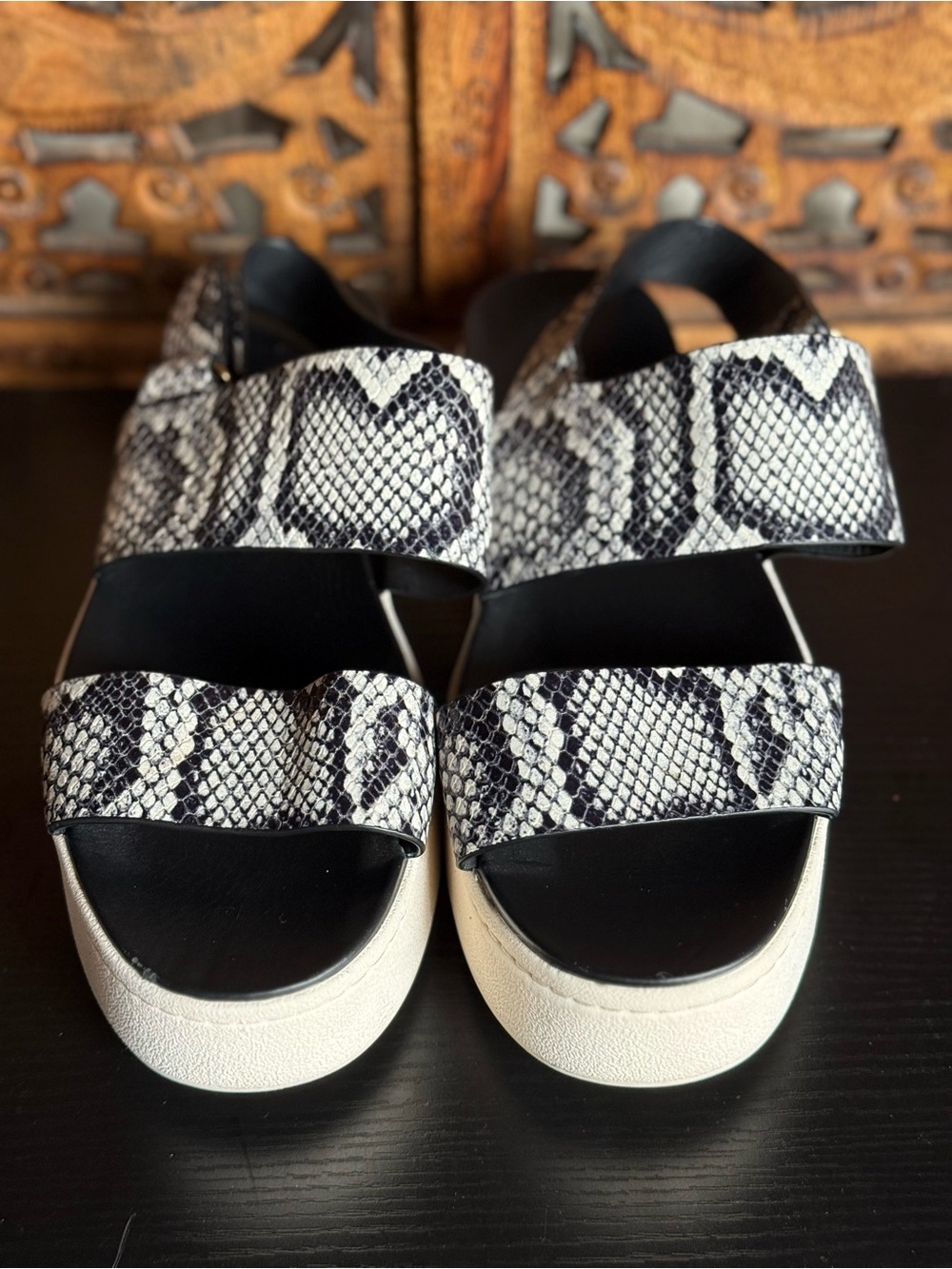 Vince Snake-Print Platform Sandals in Black and White SZ 7.5/37.5